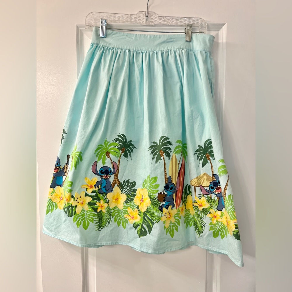 Disney Lilo and Stitch Hawaiian Skirt Blue Palm Tree Surf Hibiscus Pockets Sz M